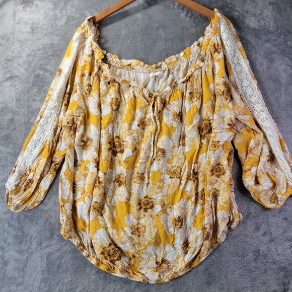 Maurices Womens 2X Yellow Floral Peasant‎ Top Lace Sleeve Boho Cottagecore Vibe - Picture 1 of 10